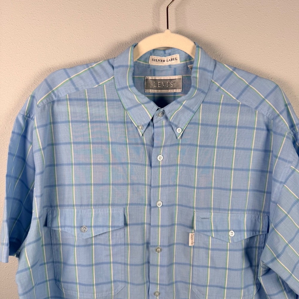 Vintage Levis Silver Label Mens XL Blue Plaid Short Sleeve Button Up Shirt 90s